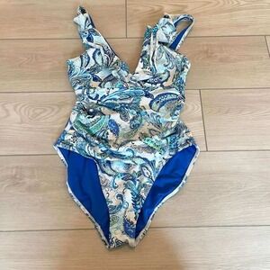 Lauren Ralph Lauren Paisley Ruffle One Piece Swimsuit Sz 10 Blue Green White